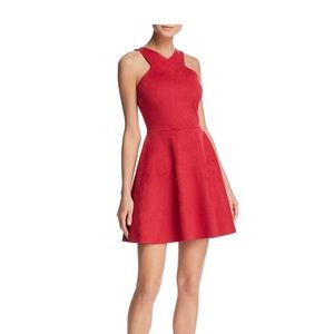 Red halter flare mini dress